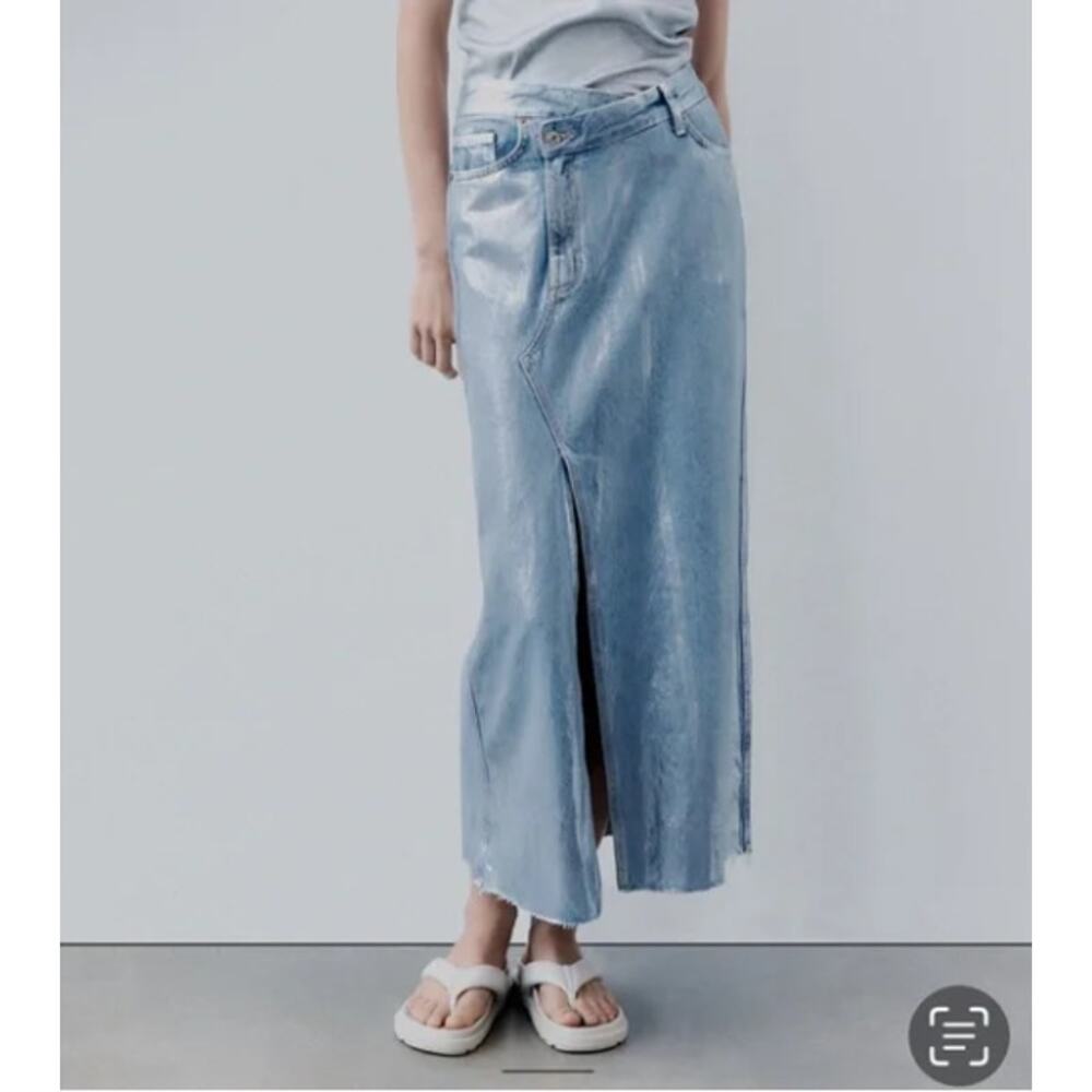 Zara Metallic Denim Skirt Coated Silver Maxi Asymmetric w/ Slit Futuristic NWT S - Picture 2 of 10